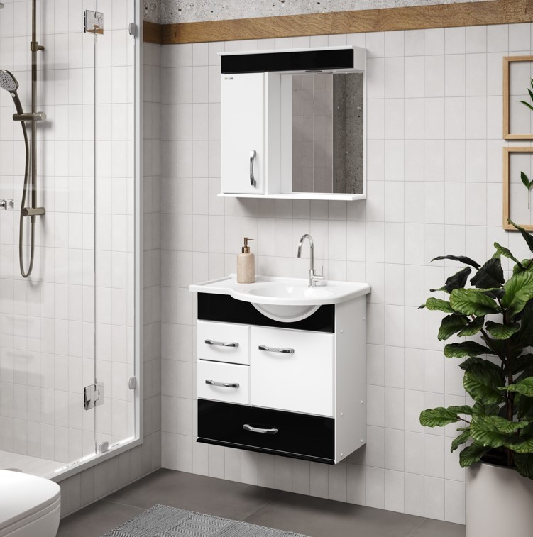 RORATO - KIT GABINETE VIENA SUSPENSO 59,5CM C/ ESPELHEIRO, PIA E GAVETAS PRETO